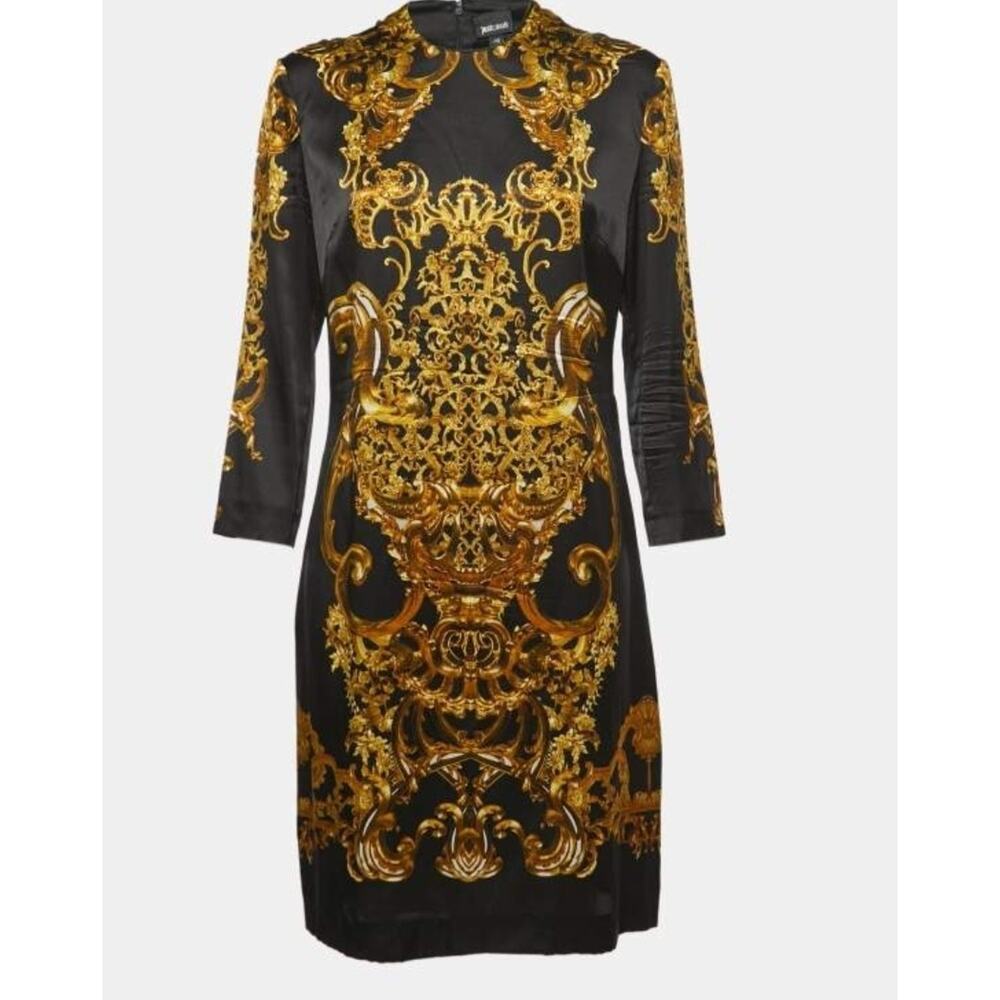 Just Cavalli Silk Baroque Black Gold Long Sleeve Elegant Cocktail Sheath Dress - Picture 3 of 13